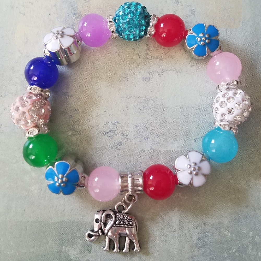Multi Colored bead bracelet with elephant charm